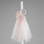 Ρομαντική Λαμπάδα Βάπτισης με Δαντέλα και Ροζ Διακόσμηση ΛΒ259