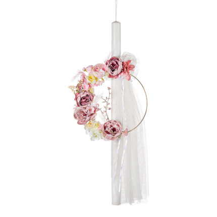 Λαμπάδα Βάπτισης με Ρομαντικό Στεφάνι Λουλουδιών & Δαντέλα ΛΒ314