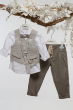 Κομψό Βαπτιστικό Σύνολο για Αγόρι σε Μπεζ & Πούρο Α4752