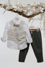 Κομψό Βαπτιστικό Σύνολο για Αγόρι σε Εκρού & Πράσινο Α4752