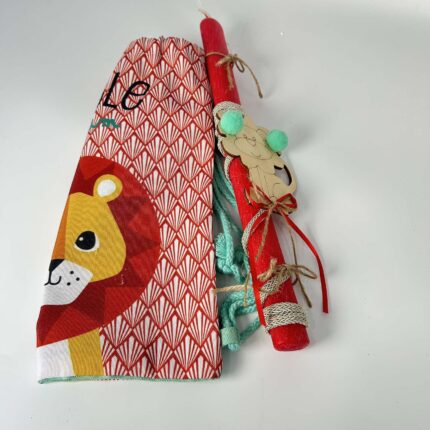 Πασχαλινή Λαμπάδα Χειροποίητη με Ξύλινο Διακοσμητικό Μαϊμουδάκι+ παιδική τσάντα