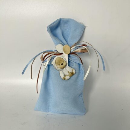 Μπομπονιέρα Βάπτισης με Γαλάζιο Πουγκί και Αρκουδάκι
