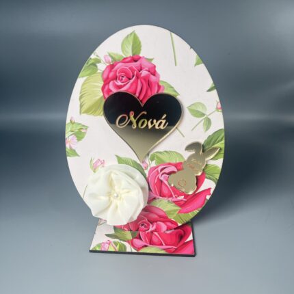 Πασχαλινή Ευλογία για τη Νονά: Ξύλινο Αυγό με Καρδιά και Χρυσό Κουνέλι